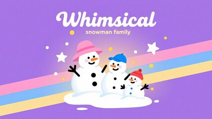 Adorable snowman family wearing colorful hats against a whimsical purple background
