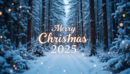 Merry Christmas 2025 greeting card design featuring snowy forest landscape scene