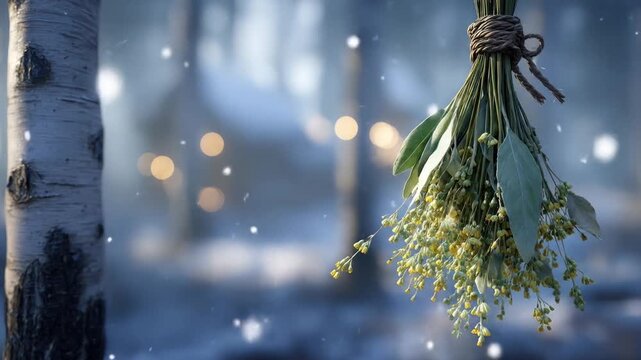 A hanging bundle of greenery with small yellow flowers against a blurred winter forest background