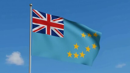 Tuvalu national flag waving against blue sky