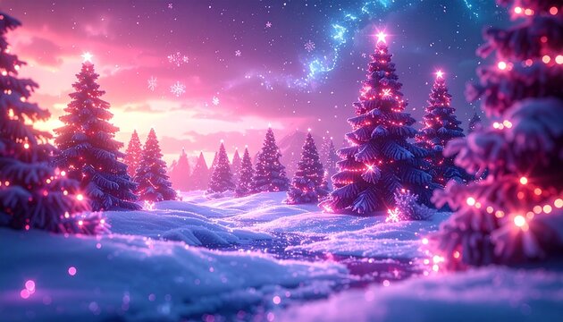 Glowing futuristic Christmas landscape with neon lights, holographic Christmas tree