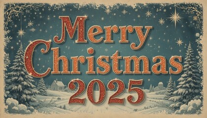 Sparkling Merry Christmas 2025 greeting card in winter wonderland landscape background