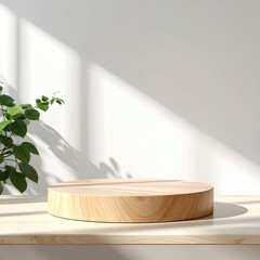 Wood pedestal, plant shadows on white backdrop