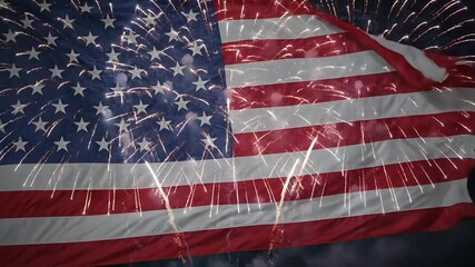 Vibrant fireworks exploding against an American flag backdrop creating a patriotic celebration for Independence Day festivities - Powered by Adobe