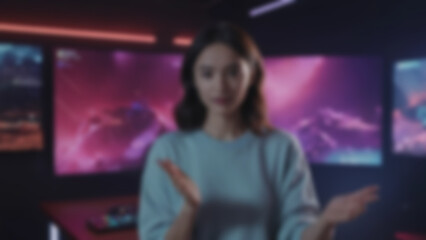 Blurred background of woman streaming live with digital overlays, LED gaming room background, evening, RGB lighting.