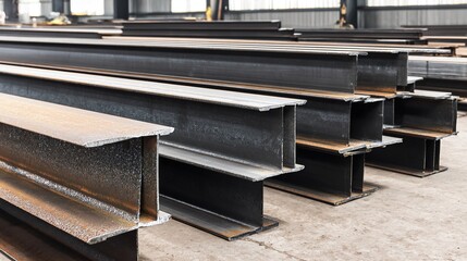 girder. Interior view of a steel frame construction workshop, showcasing structural elements in an industrial environment. safety posters.