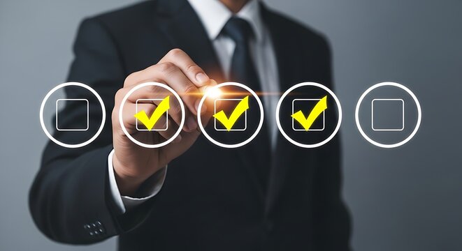 Businessman marking checklist suit hand - Powered by Adobe