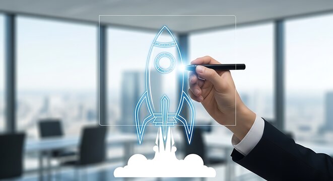 Businessperson drawing rocket launch hand