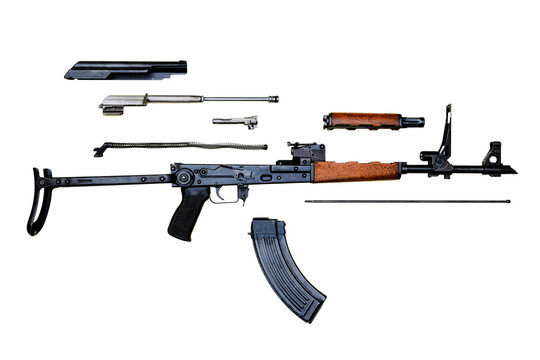 Kalashnikov AK-47 assault rifle stripped for cleaning. This particular model is the Yugoslavian derivative, produced by Zastava Arms and designated as the M70. October 15, 2025, Bosnia and Herzegovina
