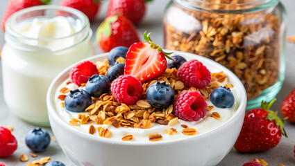 Bowl of greek yogurt with fresh berries and granola on kitchen table for breakfast and healthy lifestyle promotions, lean protein bowl, glp-1 meal