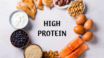 High protein foods arranged in circle with text in the center on white background for nutrition and dietary content. salmon, eggs, almonds, quinoa, beans, glp-1 food, glp-1 recipes, high protein food