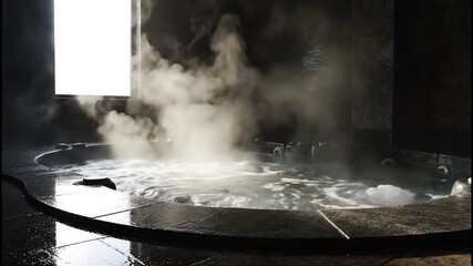 Serene spa scene featuring a bubbling hot tub surrounded by steam and textured stone walls