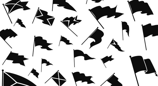 Collection of dynamic waving flag silhouettes on poles, diverse shapes and motion styles, versatile vector illustration for patriotic themes, decoration, signage, events, and graphic design projects