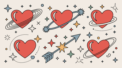 Hearts and stars illustration for valentine's day love themed graphics and designs with arrow and planets