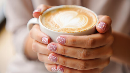 Cup of coffee with latte art held by hands with polka dot nails, cozy cafe setting, social media. fashion magazine, beauty lifestyle blog, nail art tutorial, winter style inspiration, cozy fashion