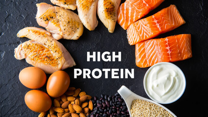 High protein foods, seafood, chicken, nuts, eggs on dark background. healthy meals, nutrition, dietary planning, fitness diet, balanced eating, culinary ingredients, lifestyle choice, top view