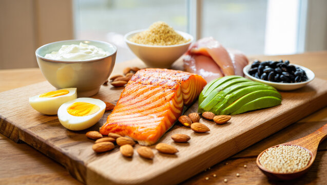Balanced high protein keto diet ingredients on wooden board in natural light suitable for healthy eating concepts and nutrition planning. raw salmon, greek yogurt, avocado, nuts, eggs, edamame