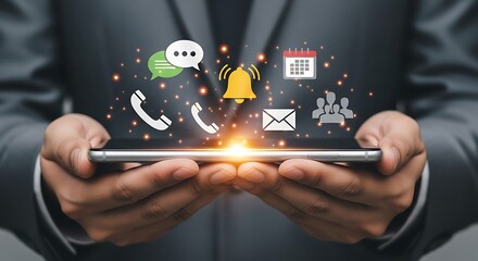 Business communication icons floating over smartphone