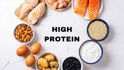 High protein foods arrangement with text on white background, featuring chicken, salmon, nuts, eggs, yogurt, legumes, for nutrition guides, program, glp-1 food, glp-1 recipes, high protein food