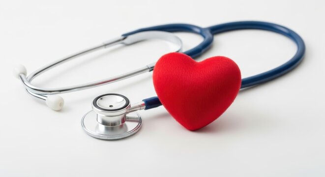 Medical stethoscope and red heart symbol representing health and cardiology care.