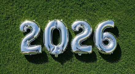 Silver foil balloons spelling '2026' on vibrant green grass, symbolizing new beginnings