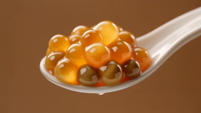 Glossy Orange Boba Tapioca Pearls on White Spoon Close Up