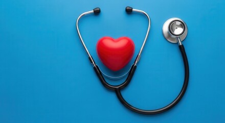 Red heart and stethoscope on blue background symbolize cardiovascular health