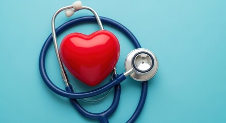 Red heart shape with stethoscope on blue background, symbolizing cardiology medical health