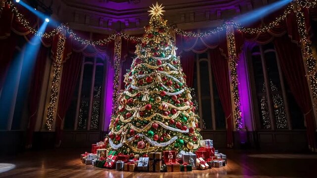 Grand Christmas tree glittering under spotlights, surrounded by festive gifts in elegant hall for holiday celebrations and family gatherings