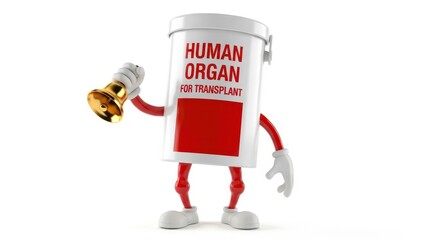 Human organ for transplant" container character ringing bell, urgent medical alert