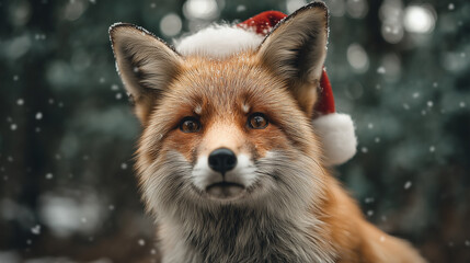Obraz premium Festive fox wearing Santa hat in gentle snowfall exudes holiday charm and whimsical winter spirit