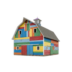 Colorful Patchwork Barn Exterior With Wood Siding and White Trim Isolated on Black Background With White Windows and Small Cupola