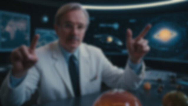 Blurred background of scientist studying holographic planet model, glowing orbit rings, observatory background, dawn, cool light.