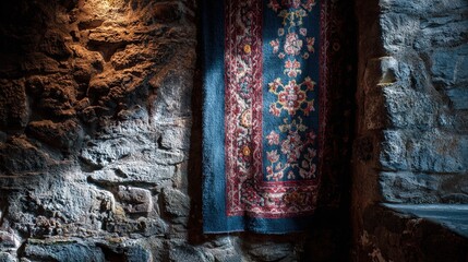 fortress. A medieval castle wall with a traditional woven tapestry. real-estate listings, architecture portfolios, designed for interior renovation comparisons for interiors, showcases craftsmanship.