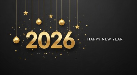 Happy New Year 2026 Golden Ornaments and Stars on a Dark Background