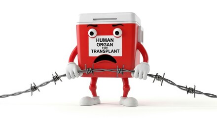 Medical cooler character holds barbed wire, symbolizing organ transplant barriers.