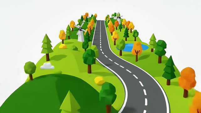 Stylized low poly landscape animation featuring a winding road through green hills