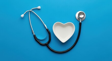 Stethoscope and white heart-shaped bowl on blue background, symbolizing health.