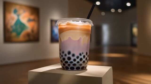 Layered Bubble Tea Milk Drink Displayed in Modern Art Gallery Museum