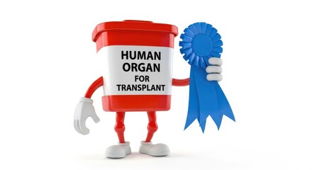Human organ for transplant container character holding blue ribbon of success