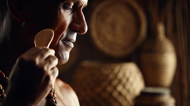 A man uses a wooden tool near his ear, wearing beads; textured background with pots