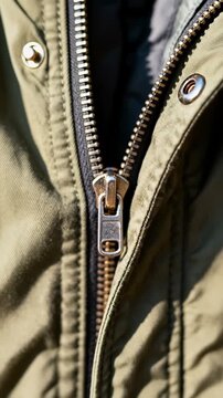Close-up view of a metallic zipper on a green fabric garment, partially closed