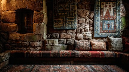 fortress. A medieval castle wall with a traditional woven tapestry. real-estate listings, architecture portfolios, designed for interior renovation comparisons for interiors, showcases craftsmanship.