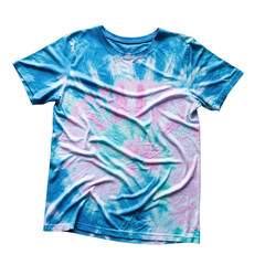 Colorful tie dye t-shirt with blue pink and white patterns displayed flat on a white background studio lighting showcasing vibrant fabric texture and casual apparel design