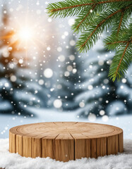 Festive product presentation stage featuring a round wooden podium against a Christmas background, ideal for your online store or marketplace listing.