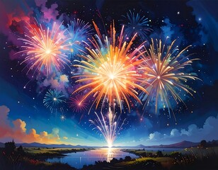 A vibrant night scene with exploding colorful fireworks illuminating a dark sky above a tranquil landscape of water and fields