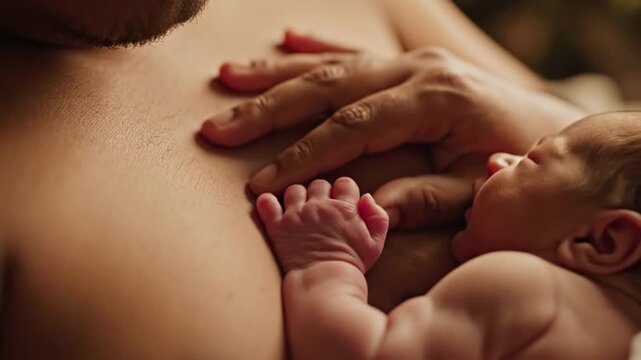 Close up of newborn baby sleeping peacefully on father's chest, tiny hand touching his finger for secure attachment and fatherhood concept with warm, soft light
