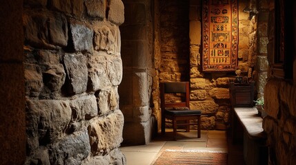 fortress. A medieval castle wall with a traditional woven tapestry. real-estate listings, architecture portfolios, designed for interior renovation comparisons for interiors, showcases craftsmanship.