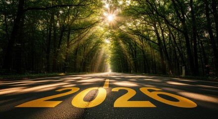 Sunrise on a tree-lined road with sun rays and the year 2026 painted on asphalt.