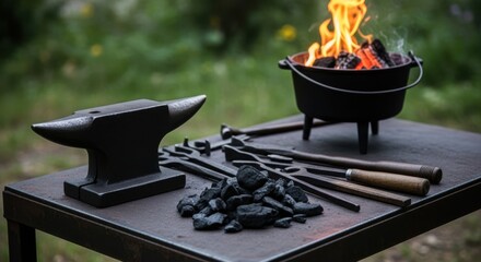 Outdoor blacksmithing setup with anvil tongs coal and a roaring fire in a cauldron